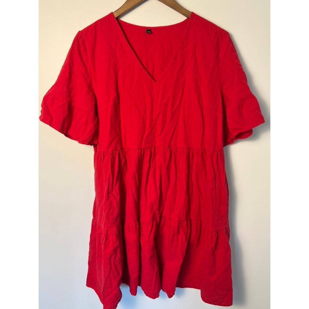 LG Mini Dress Red V-Neck Short Flutter Sleeve‎ Tiered Babydoll Boho Chic Cottage